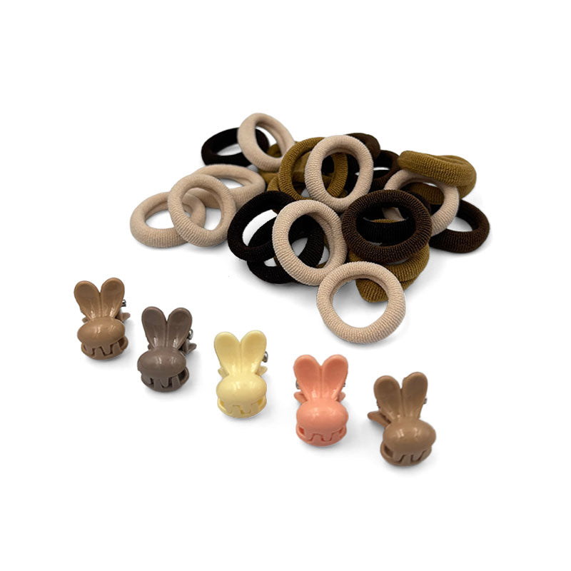 Bunny Hair Tie & Mini Hair Claw Set – Neutral Tones