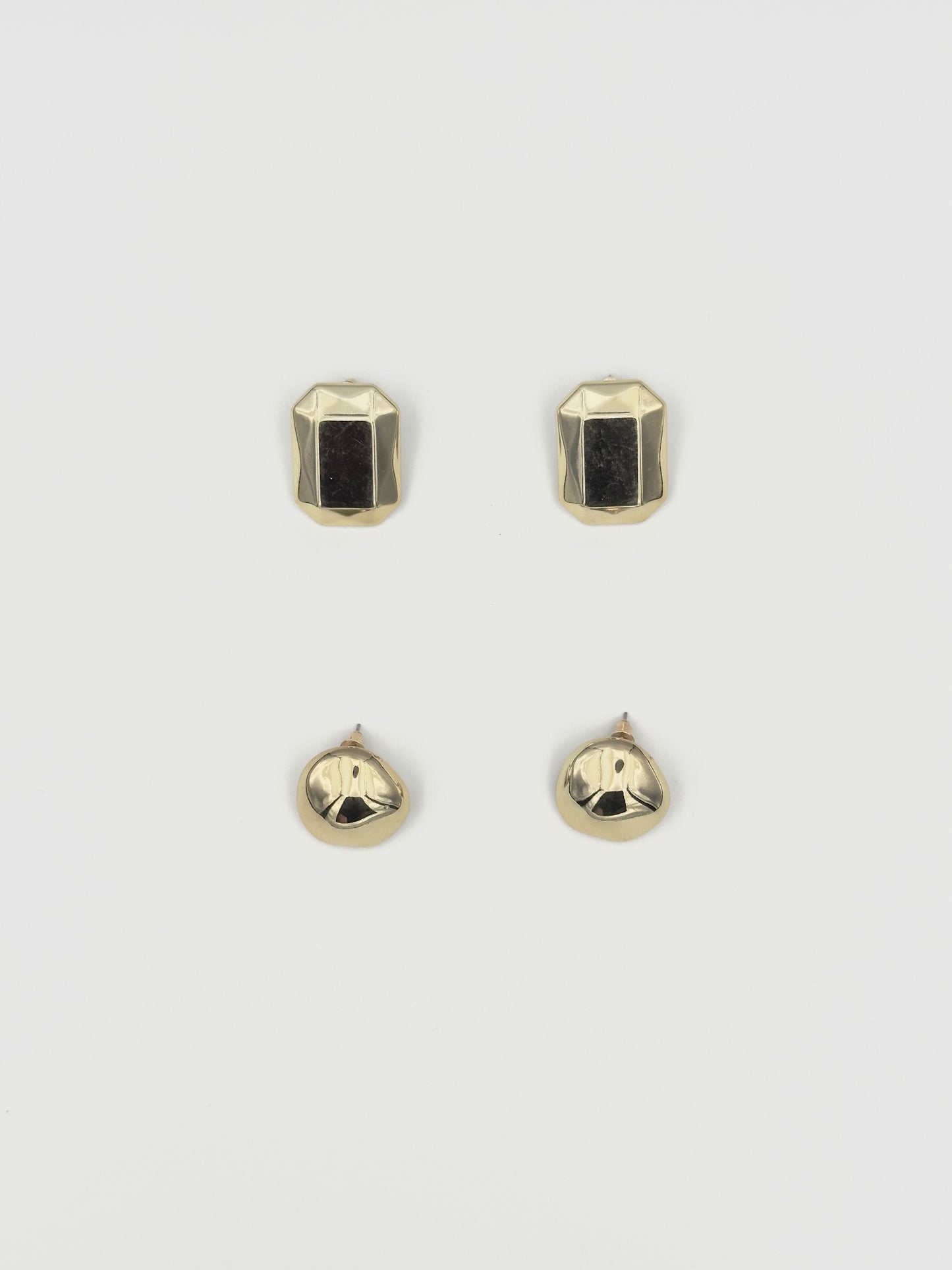 Gold Geometric Stud Earring Set – Faceted Hexagon & Smooth Pebble Designs