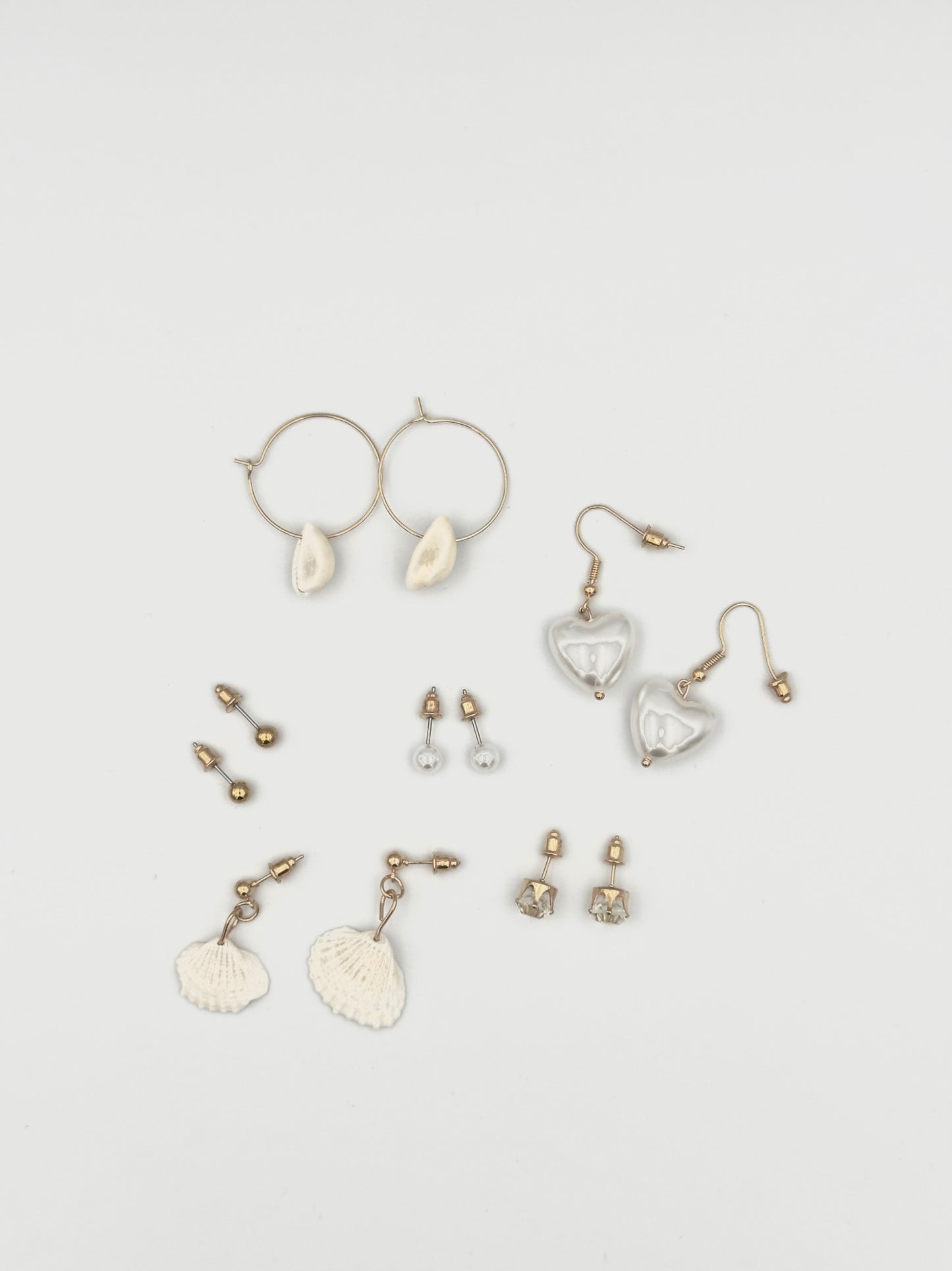 Elegant Mixed Earring Set – Pearls, Hearts, Shells & Crystal Studs
