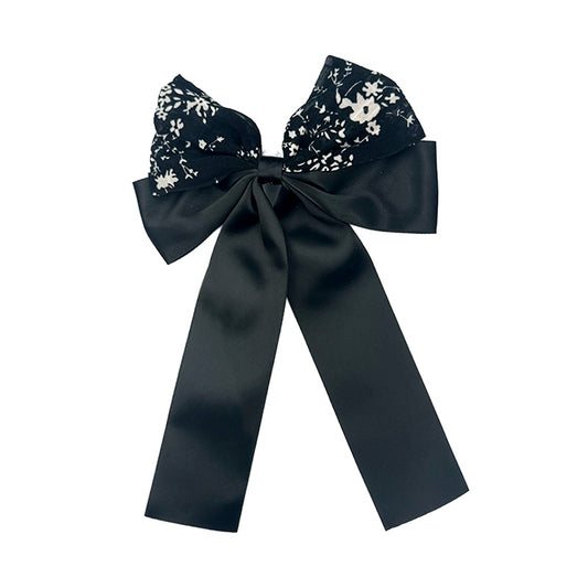 Floral Satin Long Ribbon Bow Hair Clips