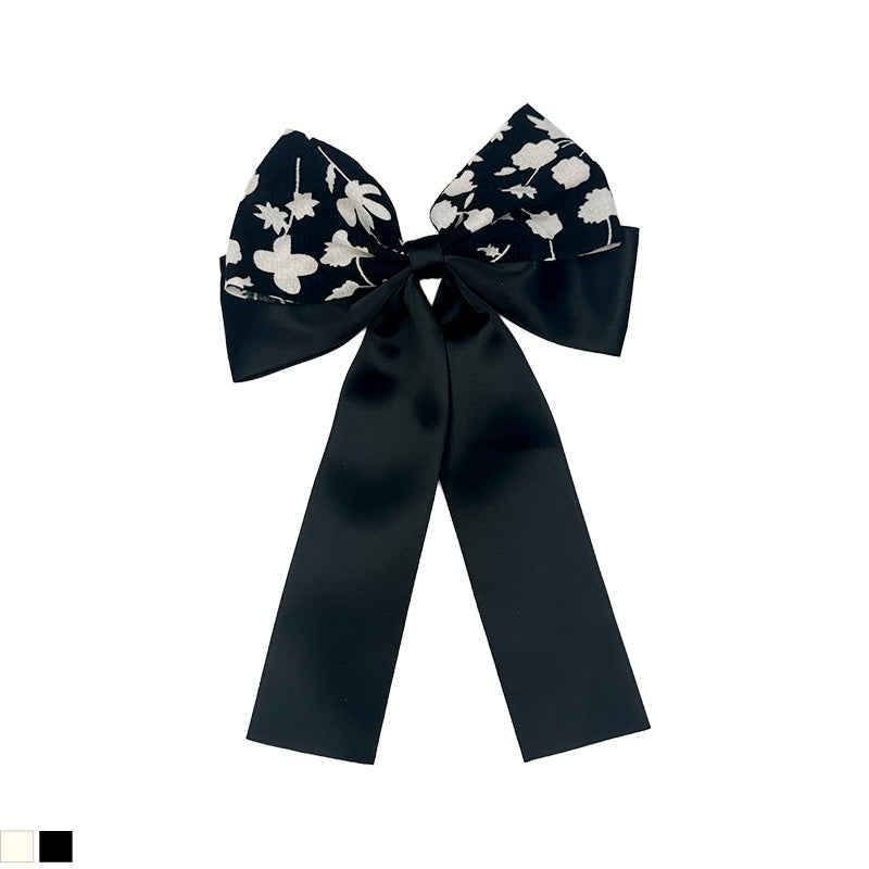 Floral Satin Long Ribbon Bow Hair Clips