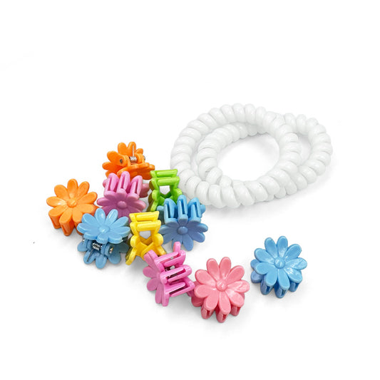Set of Flower Mini Hair Claws with Spiral Hair Ties