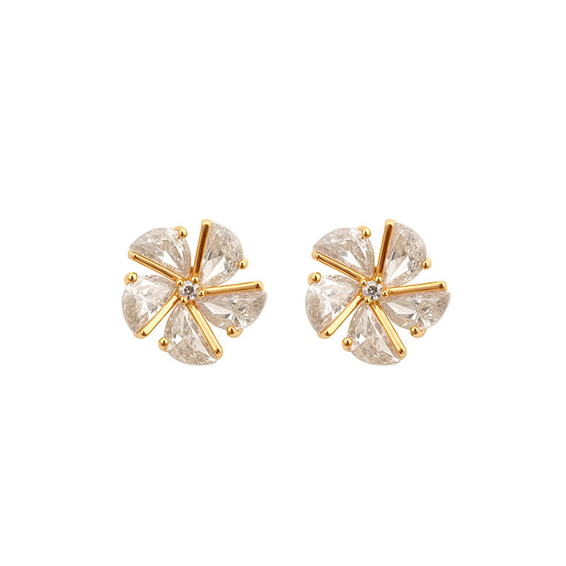 Gold Korean Zircon Flower Earrings