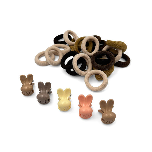 Bunny Hair Tie & Mini Hair Claw Set – Neutral Tones
