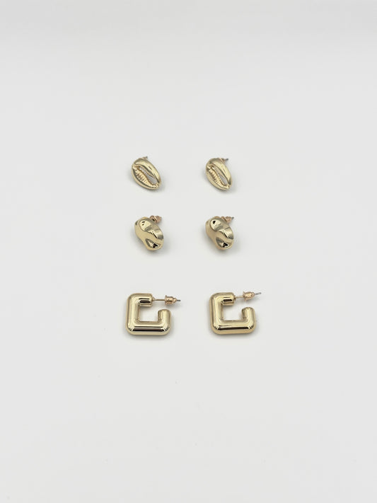 Gold Stud Earring Set – Shell, Abstract Knot, and Geometric Designs