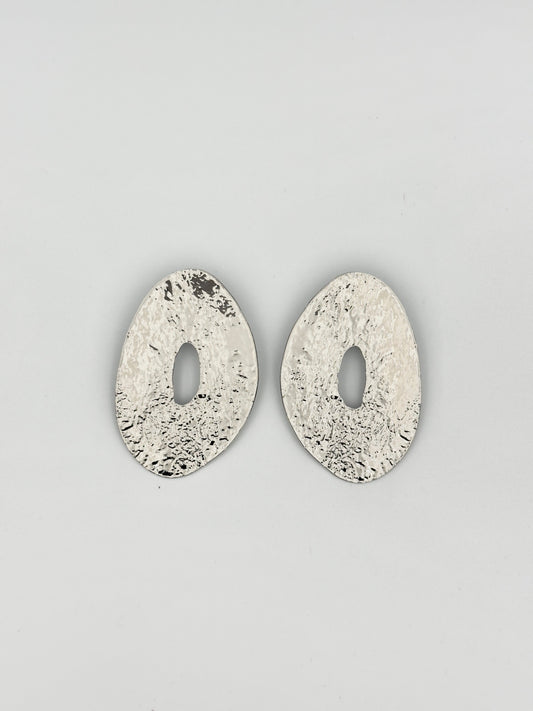 Silver Textured Oval Earrings – Bold Abstract Statement Pieces