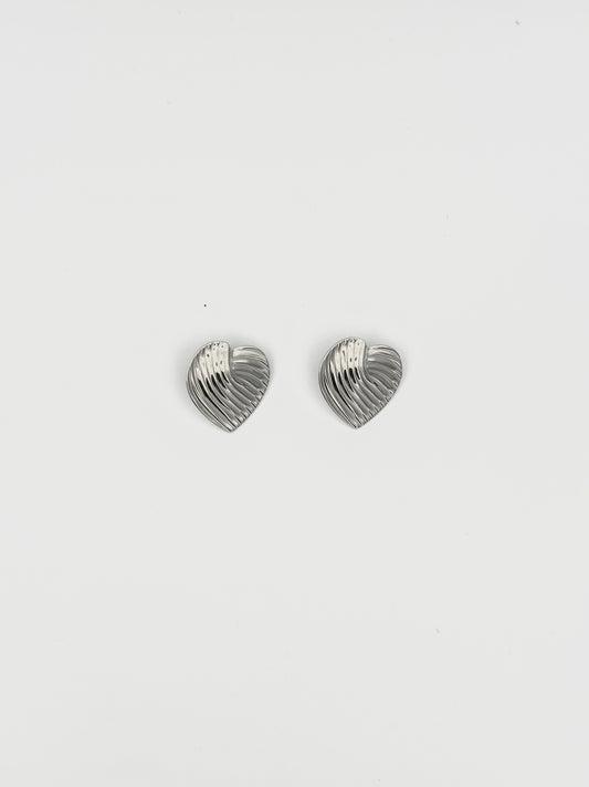 Silver Ribbed Heart Stud Earrings – Textured Romantic Design