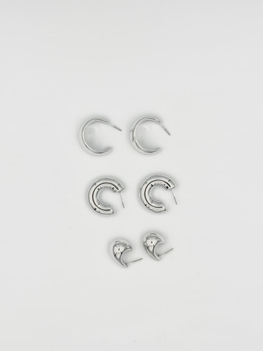 Silver Crescent Earring Set – Modern Chunky Hoops Collection