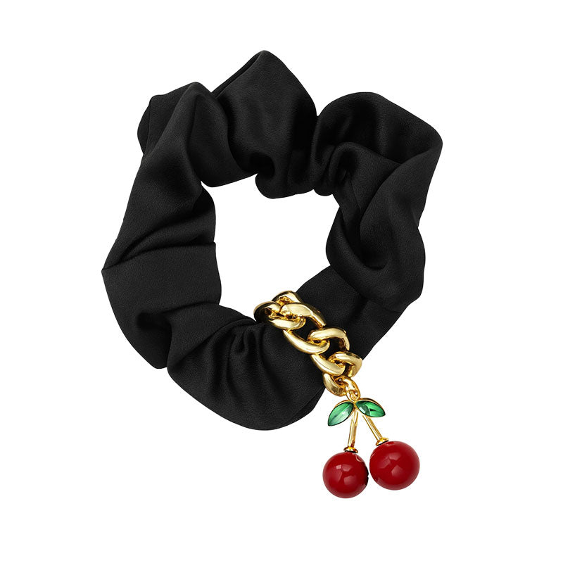 Black Hair Scrunchie with Cherry Charm