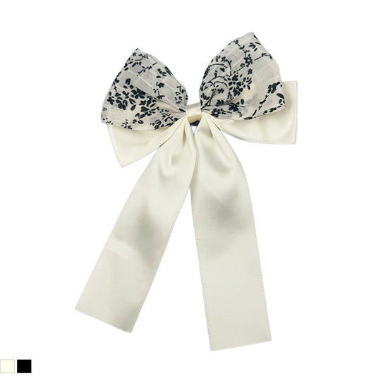 Floral Satin Long Ribbon Bow Hair Clips