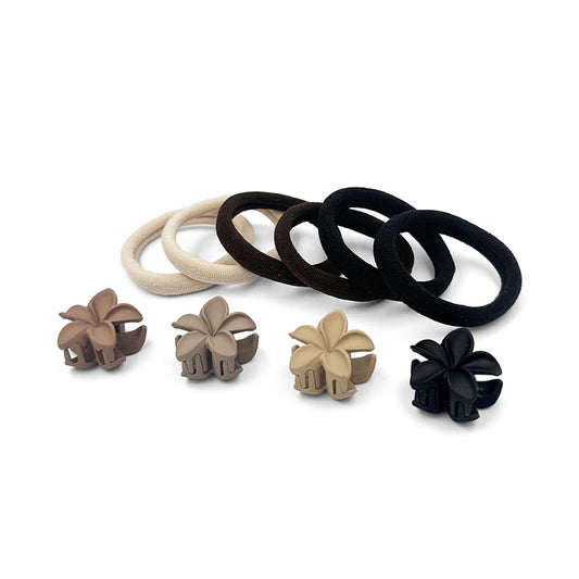 Mini Flower Hair Claw & Elastic hair ties Set – Neutral Elegance