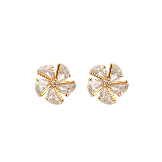 Gold Korean Zircon Flower Earrings