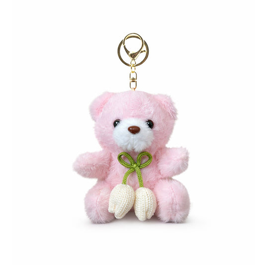 Teddy Bear Plush Keychain with Tulip Detail